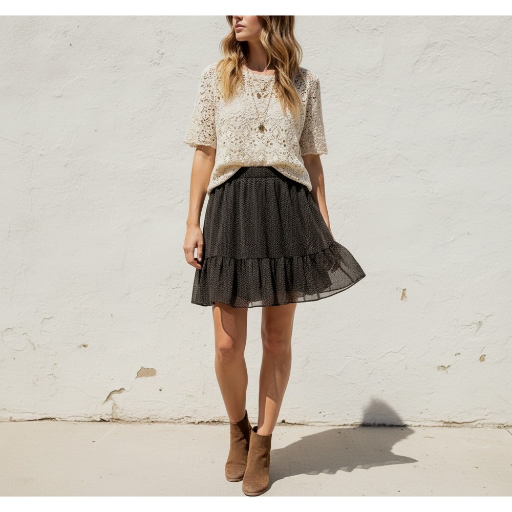 Loft Skirt Black Brown Ruffle Mini Boho Goth Preppy Cottage Punk Grunge Office M